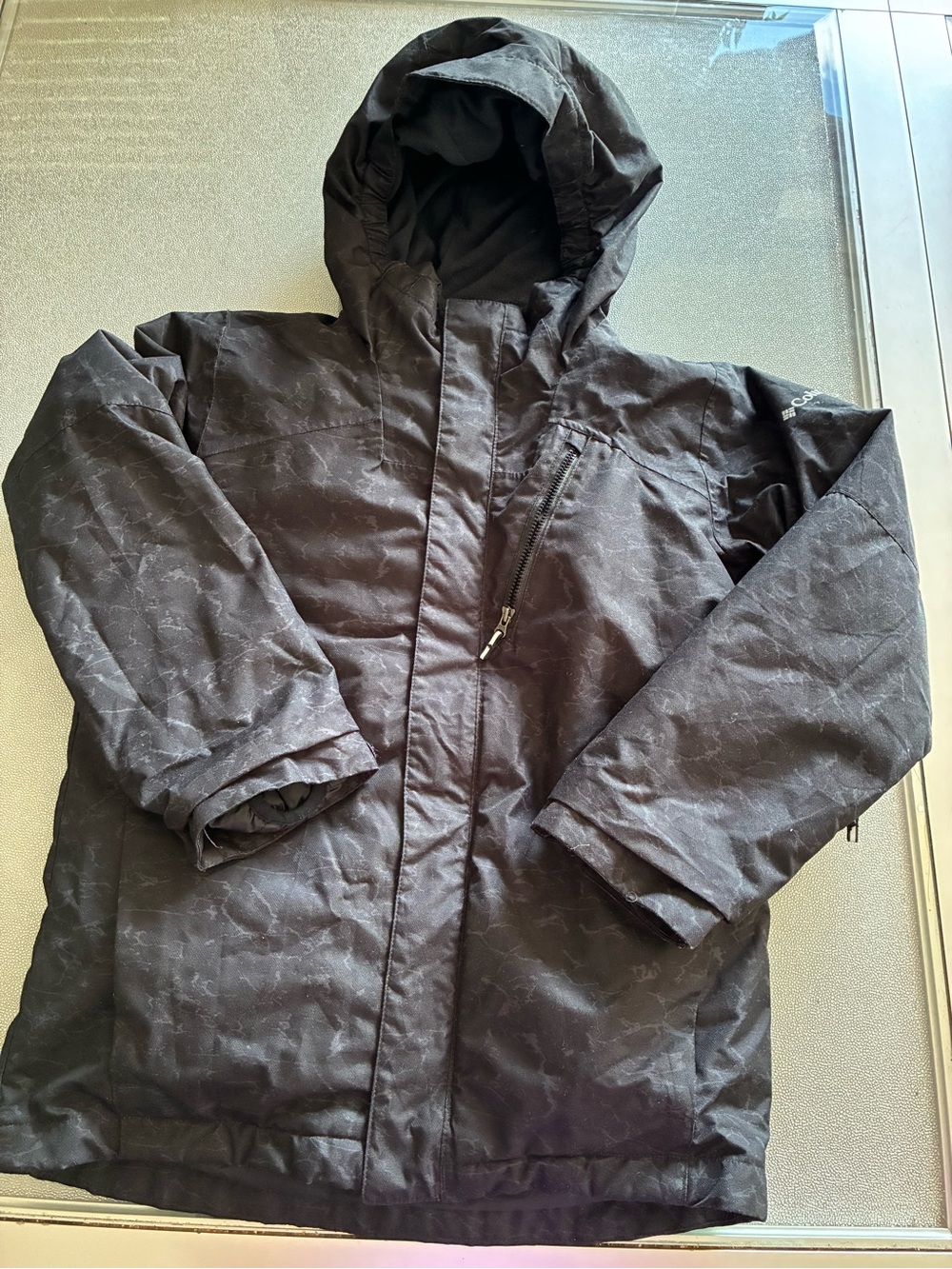 Columbia Black Hooded Kids Puffer Coat with Subtle Print